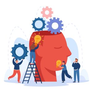 Creative characters putting idea bulbs into huge head projets informatiques illustration veille technologique projets informatiques