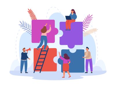 Tiny business persons working on jigsaw puzzle together illustration accompagnement projets informatiques
