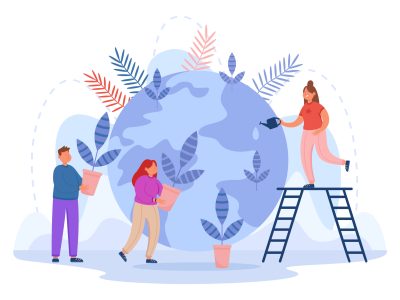 Tiny friendly persons planting trees on Earth together illustration suivi projet projets informatiques